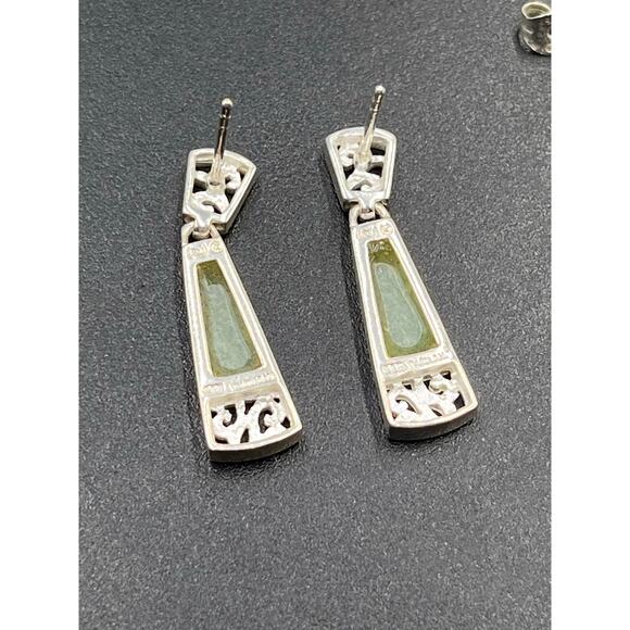 SU Sterling Silver Filigree Chinese Rectangular Jadeite Dangle Drop Earrings - Picture 4 of 8